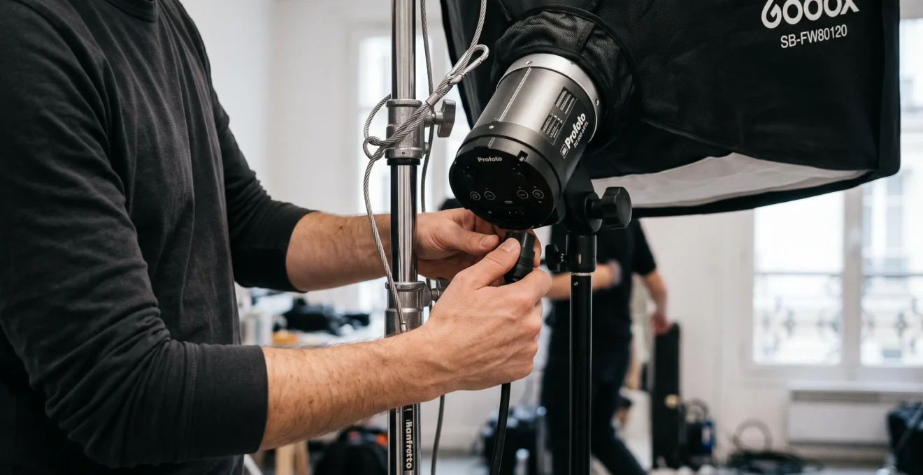 Gros plan sur les mains d'un photographe branchant une boîte à lumière rectangulaire sur un flash de studio, avec un câble de sécurité attaché au support.