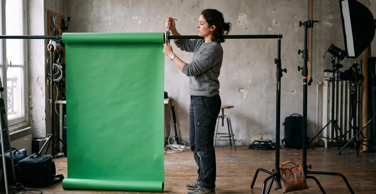 Une photographe fixe une toile de fond verte sur une barre transversale entre deux supports dans un studio, un sac de sable stabilisant la base.